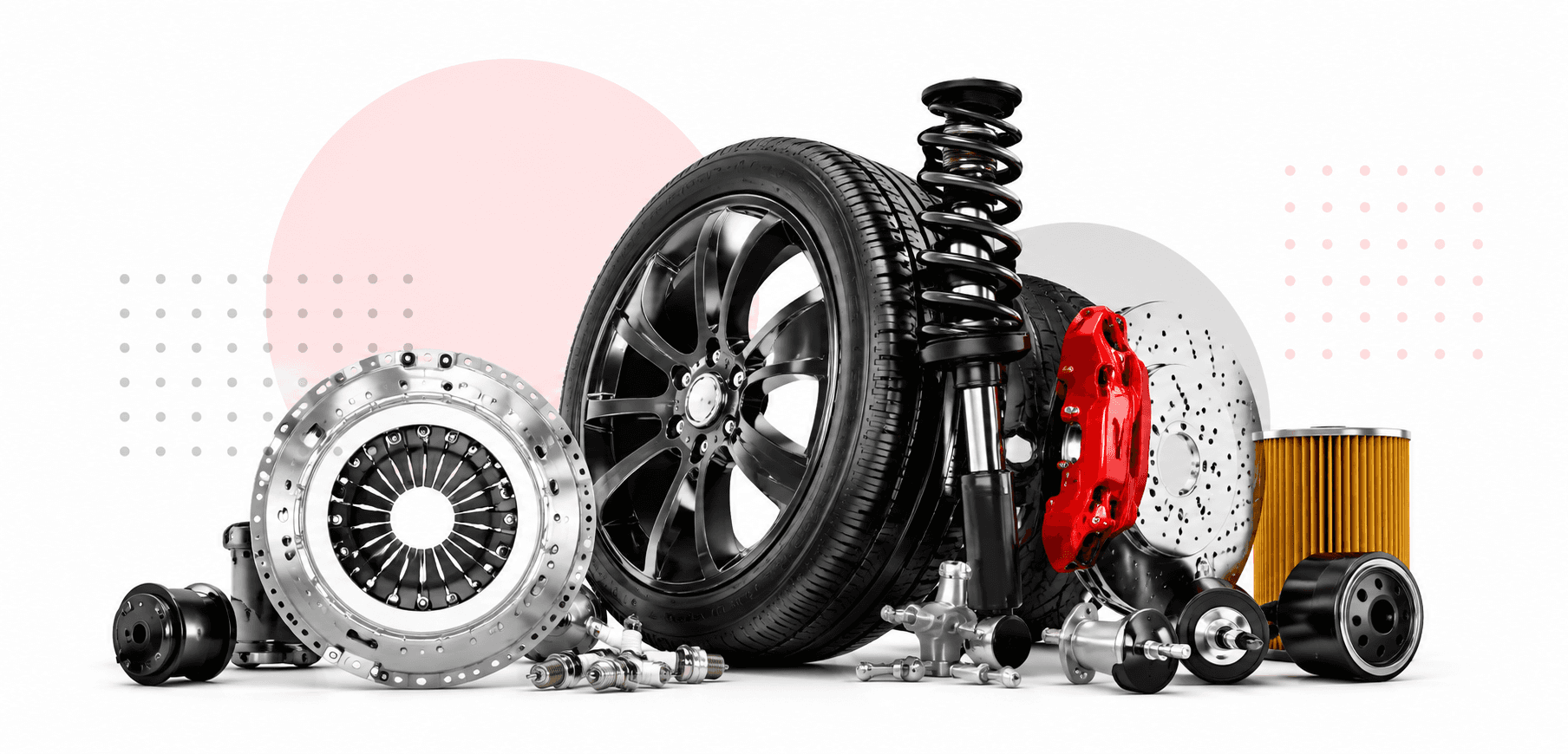 An assortment of auto parts - wheel, brake caliper, shock absorber, spark plugs, and oil filter
